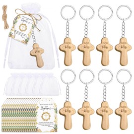 Landical 25 Set Baptism Party Gifts Keychains for Guests Baby Shower First Communion Cross Wooden Key Rings Thank You Cards