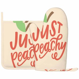 Mxocom Peach Silicone Oven Mitts and Pot Holders Sets Just Peachy Quote Word Hand Lettering Leaf Fruit BBQ Gloves for Kitchen,Cooking,Baking,Grilling