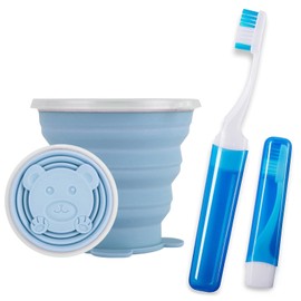 Vporui Toothbrush Travel Case - Portable Toothbrush Holder, Travel Folding Toothbrush and Silicone Collapsible Cup for Traveling, Camping, Business Trip and School, Hotelier (Blue)
