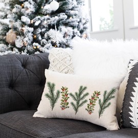 Rguct Christmas Decor Pillow Cover 12x20 Inch Pine and Holly Berry Winter Holiday Cushion Case Decoration for Sofa Couch