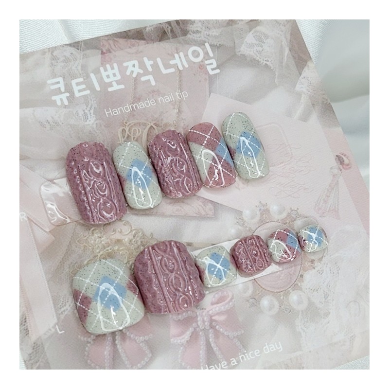 Argyle knit handmade nail tips, pedi tips - lipstick /