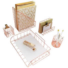 BLU MONACO Rose Gold Desk Organizer - 5 Piece Desk Accessories Set - Letter - Mail Organizer, Paper-Document Tray, Pen Cup, Magazine File Holder - Rectangle Pattern - Office Supplies Stationery Décor