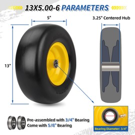 GICOOL 13x5.00-6 Flat Free Lawn Mower Tire and Wheel, Smooth Tread Tire for Lawnmower, Installed 3/4" Bearing with Extra 5/8" Bearing, 3.25"-5.9" Centered Hub, 2 PCS