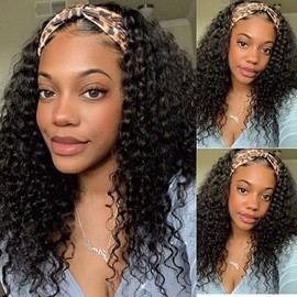 SENSAIRUITE Headband Wig Human Hair 16 Inch Deep Wave Headband Wigs for Black Women 180% Density Wear and Go Glueless Curly Wig Natural Color