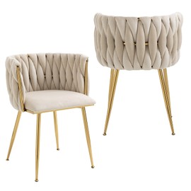 NIOIIKIT Modern Velvet Dining Chairs Hand Weaving Accent Chairs Living Room Chairs Upholstered Side Chair with Golden Metal Legs for Dining Room Kitchen Vanity Living Room (Ivory)