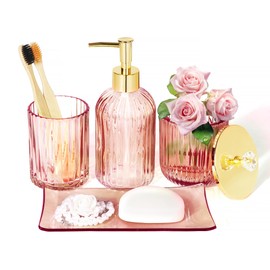 Designer Pink Glass Bathroom Accessories Sets - 4 Pcs with Lotion Soap Dispenser, Bathroom Toothbrush Holder, Vanity Tray, and Apothecary Jar, Vintage Bathroom Decor