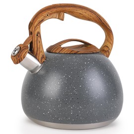 Tea Kettle, Vegoran 100 OZ / 3 Liter Whistling Tea Kettle, Tea Pots for Stove Top Food Grade Stainless Steel with Wood Pattern Folding Handle, Loud Whistle Kettle for Tea, Coffee, Milk (Gray)
