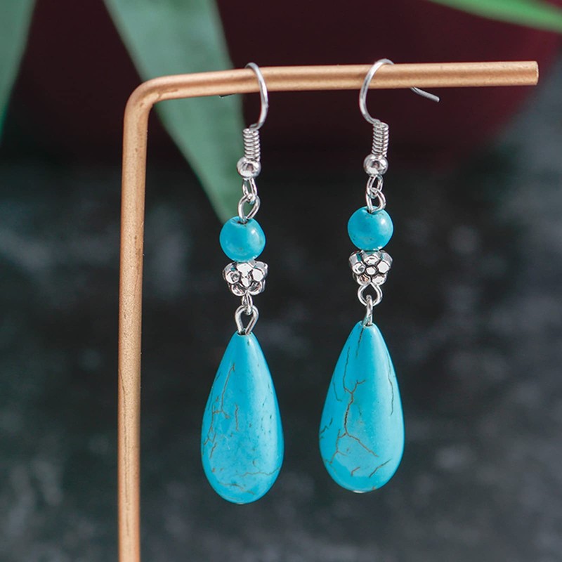 Long Waterdrop Dangle Earrings for Women Natural Gemstone Turquoise Dangle