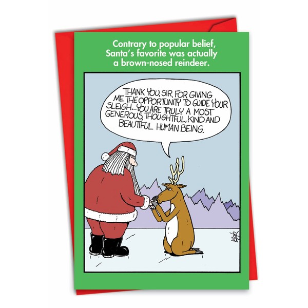 NobleWorks - Christmas Card with Envelope (4.63 x 6.75 Inch) - Cartoon Xmas Notecard Winter Holiday Card for Kids, Adults - Brown-Nosed Reindeer 4355