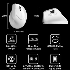 Keychron M5 8K Vertical Wireless Mouse, PAW3950 Sensor with Programmable Macro Button 30,000 DPI, 750 IPS, Supports 2.4 GHz/Bluetooth 5.3, 47° Ergonomic Design for PC Mac Laptop (White)