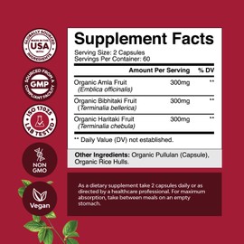 Digestive Triphala Capsules Organic Complex - Colon Cleanser & Detox Health Supplement Ayurvedic for Gas Bloating Constipation Relief Women Men (2 Months)