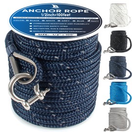 VEITHI Anchor Rope 100 ft x 1/2 inch Navy Blue, Double Braided Anchor Line with Stainless Steel Thimble & Shackle, Boat Rope with Reflective Strip Ideal for Towing,Mooring,Anchoring,for Boat Up to 35'