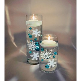 100 Floating Snowflakes and Pearls - Fills 8 Medium Size Vases (vases not included)- With Measured Floating Gels and Prep Bag for Best Results! - 6 Floating Submersible Fairy Lights Strings Warm White