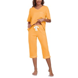 ANLIQI Women's Pajama Sets Cotton Pjs Sleepwear for Women Short Sleeve Top With Capri Pants Soft & Comfy 2 piece Lounge Set(Marigold,2XL)