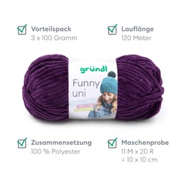 Gründl Funny Plain Soft Chneille Yarn for Knitting and Crocheting 100% Polyester 2 Balls (100 g/120 m, Needle Size: 5-6), Aubergine