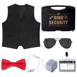Keymall Wedding Ring Bearer Costume 7 Pcs Ring Security Box Guard Accessories Set Vest Box Badge Shades Bowtie Earpiece for Boys (Set A)