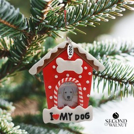 Second Walnut I Love My Dog Christmas Ornament Picture Frame - Gingerbread Doghouse Candycane Puppy photo frame Ornament Personalization at home - Year Tag with Gift Bag included