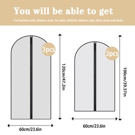 Garment Bags, 6PCS Clothes Dustproof Covers with Zip in Wardrobes, Translucent Waterproof Dress Shirts Covers Bag(60X100/60X120)