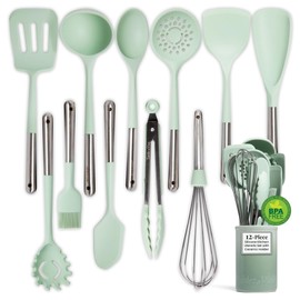 Larder & Vine 12-Piece Silicone Kitchen Cooking Utensils Set with Stainless Steel Handle and Ceramic Holder, Dishwasher Safe Set of Kitchen Essentials (Sage)