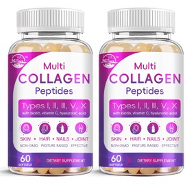 Multi Collagen Peptides Softgel - Type I, II, III, V, X - Hydrolyzed Collagen Peptides with Biotin, Vitamin C, Hyaluronic Acid, Supports Skin Hair Nail, Grass-Fed, Non-GMO, 60 Softgel, 2 Pack
