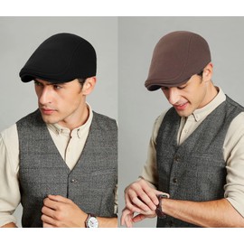 Malaxlx Pack of 2 Flat Cap Peaked Cap Men's Beret Cap Newsboy Flat Cap Beret Hat Newsboy Caps Gatsby Ivy Irish Hat, Black + Brown