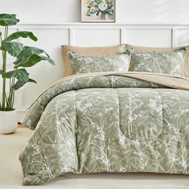 AIKASY Bed in a Bag 7 Pieces - Floral Print - Soft Microfiber, Reversible Bed Comforter Set (1 Comforter, 2 Pillow Shams, 1 Flat Sheet, 1 Fitted Sheet, 2 Pillowcases) (Sea Green, Queen)