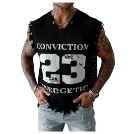 BEAUDRM Men's Letter Graphic Sweater Vest Y2k Ripped V Neck Sleeveless Knit Tops Black Medium