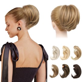 REECHO Ponytail Extension, 7" Mini Claw Clip in Ponytail Hair Extensions Short Natural Straight Wavy Messy Hair Bun Hair Pieces for Women with Short Thin Hair - Light Brown with Highlights