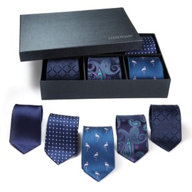 HISDERN Men's Tie Set Navy Blue Necktie and Pocket Square Business Classic Ties for Men Lot 5 Pcs Wedding Party Necktie & Handkerchief with Gift Box