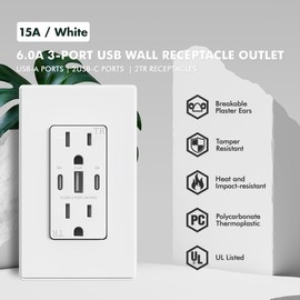 Micmi USB C Wall Outlet, 30W 6.0 Amp 3-Port USB C Outlet 15A Tamper Resistant Receptacle with Dual Type C & A Ports, UL & FCC Listed, Wall Plate Included, Matte White 2Pack