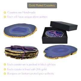 Nature's Decorations Purple Gold Rimmed Agate Stone Coasters - Set of 4, Polished Geode Drink Mats for Dining & Coffee Table & Kitchen Geode Decor Non-Toxic 3.5-4" Diameter