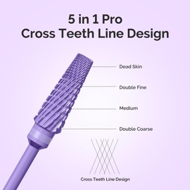 MelodySusie Upgrade 5 in 1 Nail Drill Bits, 3/32'' Carbide Tungsten Multi-Function Mixed Sizes Edition, Suitable for Manicure Pedicure Cuticle Gel Polishing, Professional Advanced Bits, Purple