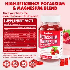 Potassium Magnesium Gummies,High Absorption Magnesium Glycinate,D3 & B6,Potassium Citrate - for Muscle Support, Leg Cramps & Electrolyte Balance - Vegan, Non-GMO, Strawberry Flavor, 120 Count