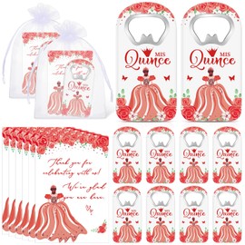 Yiyiring 25 Sets Quinceanera Party Favor Gifts for Guests Mis Quince Bottle Opener Fridge Magnet with Thank You Card and Organza Bag 15 Years Birthday Party Favors for Souvenirs (Red)