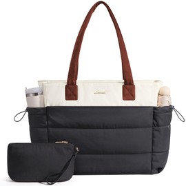 LOVEVOOK Large Tote Bag for Women, Puffer Work Travel Handbag with Zipper for Teacher Nurse, Quilted Laptop Shoulder Bag Cute Purse for Gym Beach Weekender, Black-Beige-Brown