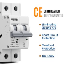 Pjerjzn DC Miniature Circuit Breaker 20A 1000V 2P Solar Circuit Breaker DIN Rail Mount, DC Breakers for Solar Photovoltaic Systems, Solar Panels, Homes, Battery, Electrical (20Amps), PDB63-1000