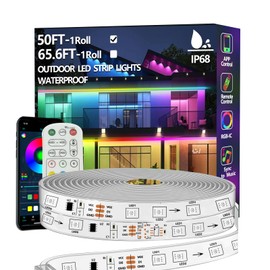 50FT Outdoor LED Strip Light Waterproof,IP68 Outside RGB+IC Light Strip with App/Remote Control,Chase Mode,Music Sync Light for Balcony,Deck,Rooftop,Garden,Pool
