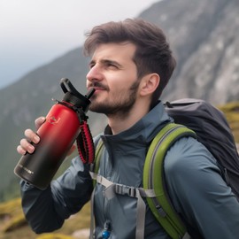 NATURE PIONEOR Insulated Water Bottles with Paracord Handle - 32 oz Vacuum Sports Wide Mouth Water Bottle with 3 Lids, Leak Proof Stainless Steel Keeps Hot and Cold
