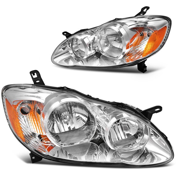 DWVO Headlights Assembly Compatible with 03-08 2003 2004 2005 2006 2007 2008 Corolla Headlamp Replacement Pair Driver and Passenger Side Chrome Housing
