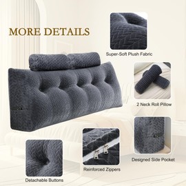 YOUR MOON Wedge Headboard Pillow Queen with 2 Pack Neck Roll Pillows, Triangular Wedge Backrest Pillow Headboard for Bed,Daybed,and Lounging, Large Bed Bolster Pillows,Dark Gray