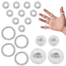 18 Hedgehog Ball Massager with 4 Hedgehog Balls (32 mm and 47 mm), 10 Acupressure Ring, 4 Massage Bracelets, Skills Borderline Set, Hedgehog Ball Massage, Hedgehog Ball Metal, for Relief of Muscles