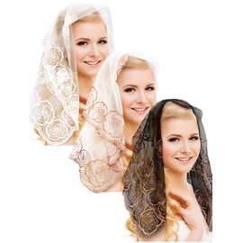 Fourluoo 3 Pcs Mantilla Catholic Veil for Church Chapel Lace Christian Veils Head Covering Scarf Bandana for Bridal Women (Brown, Black, White,Elegant)