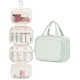Narwey Hanging Travel Toiletry Bag for Women Wash Bag Cosmetics Makeup Bag Organizer for Travel Size Accessories (Mint Green Stripe (Medium))