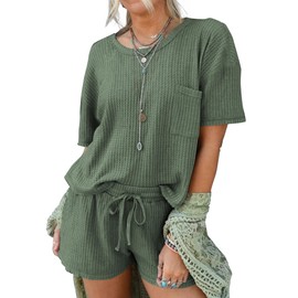 Andeip Sleepwear Womens Waffle Lounge Set Cozy Pajama Set Short Sleeve Pullover Pockets Shorts Olive Green XXL