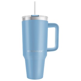 IronMaxx Cup with Handle V3 - Ice Blue 1.2 L | with Included Straw | Slim Modern Design Made of Stainless Steel | Leak-proof Lid & Double-Walled Insulation | Keeps Warm and Cold