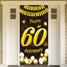 DPKOW Black Gold 60th Birthday Decoration for Man Woman, Black Gold 60th Birthday Banner for Backdrop Door Decoration, 60th Birthday Background Banner for Garden Table Wall Decoration, 185 x 90cm