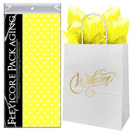 Flexicore Packaging White Kraft Paper Welcome Bags & Yellow Gift Wrap Tissue Paper | Size: 8 Inch X 4.75 Inch X 10.5 Inch | Count: 5 Bags | Color: Yellow Polka Dot