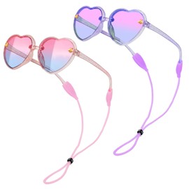 2 PCS Heart Sunglasses, Kids Sunglasses with Anti Loss Straps, Heart Glasses for Baby UV Protection Outdoor（Pink + Purple）
