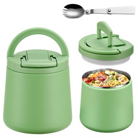 Itslife Thermal Food Container 600 ml, Stainless Steel Food Storage Container with Buckle Lid and Spoon, Thermal Lunch Box Children Leak-Proof, Food Container for Picnics, Schools and Offices, Green