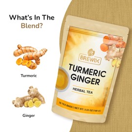 BREWIX, Turmeric Ginger Herbal Tea Bags (50 Pyramid Tea Bags) Immune Support | Naturally Caffeine Free, Gluten Free | Ayurvedic | Real Ingredients From India
